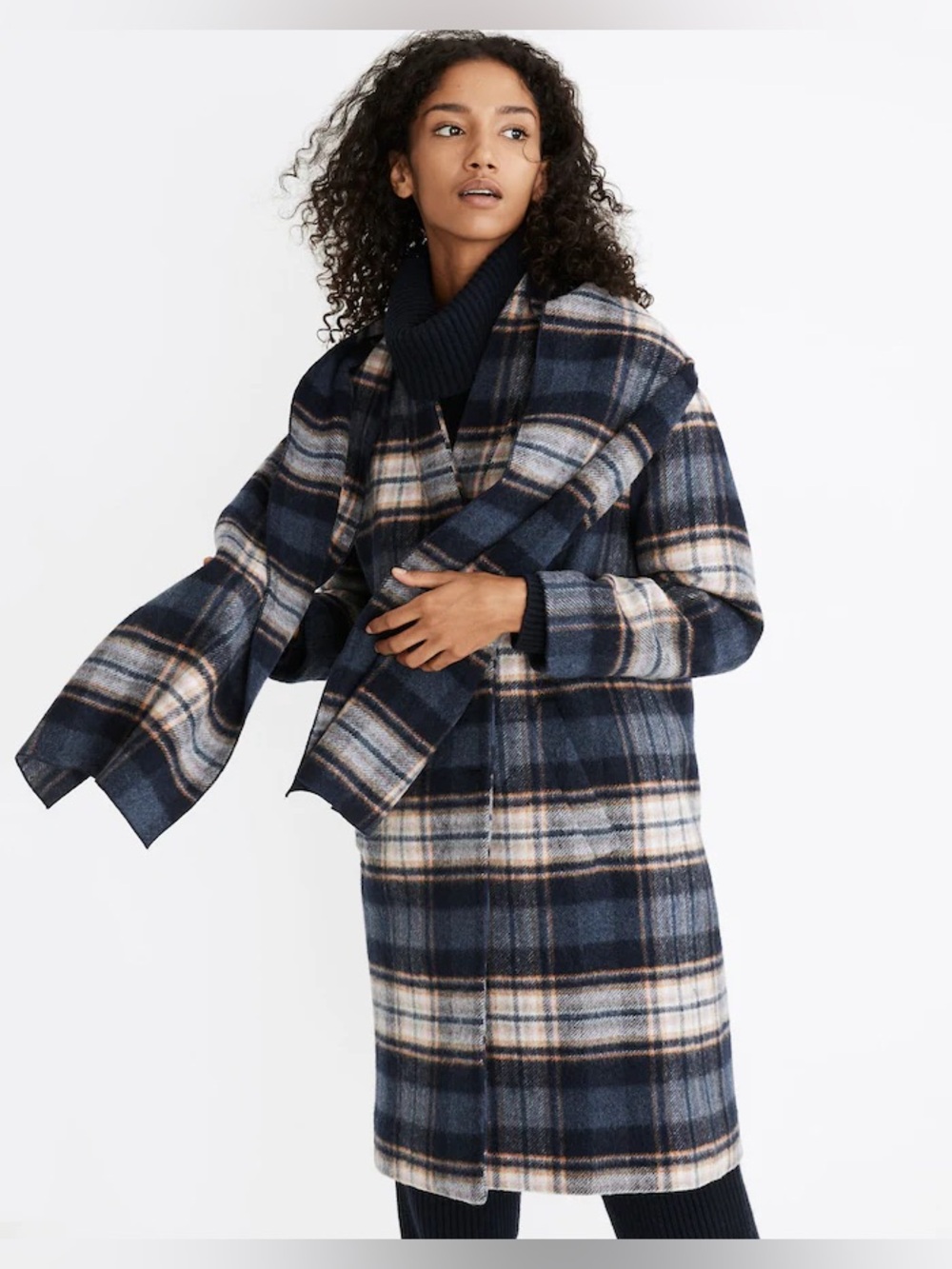 Madewell Navy & Cream Plaid Double-Breasted Pea Coat